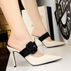 Women's slippers with thin heels， high heels， shallow mouth， pointed head， slotted belt buckle