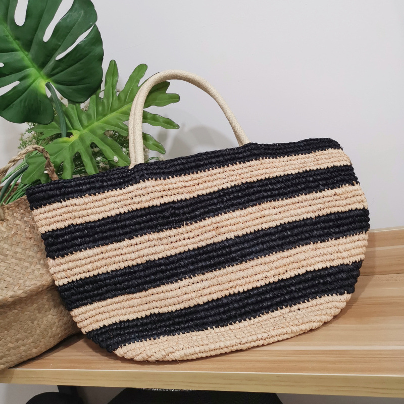 撞色條紋手工拉菲草菜籃子草編包度假沙灘包大包手提包ins包