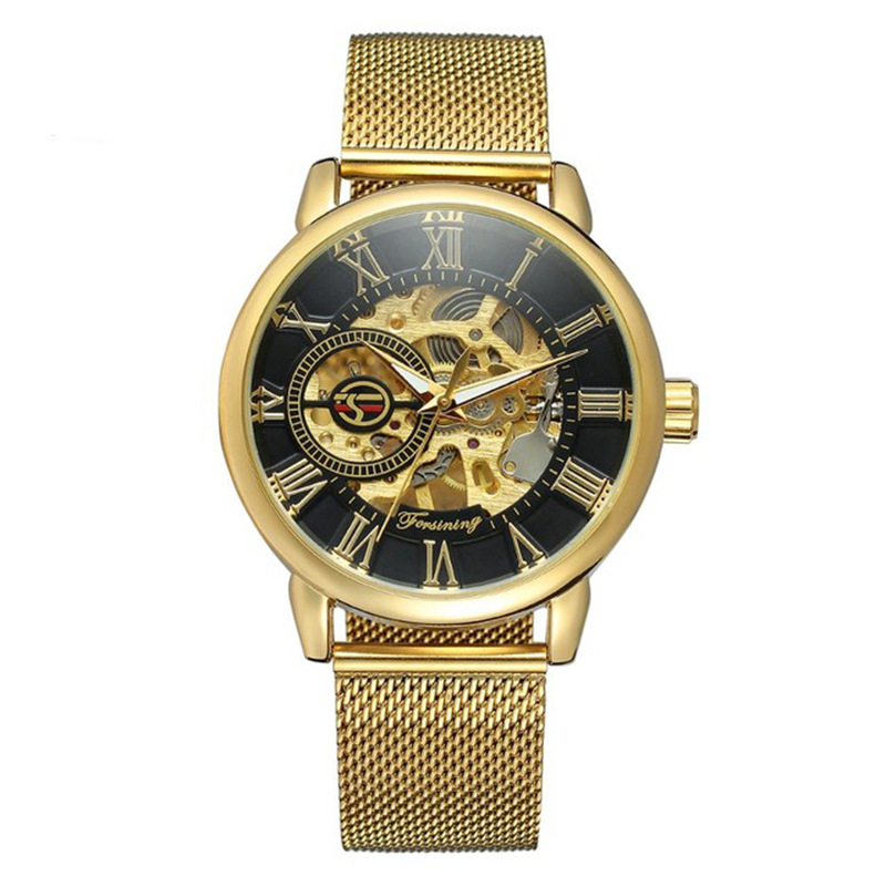 Forsining Fusini reloj mecánico manual para hombre Golden Hollow-out transparente inferior Milan metal malla Correa reloj 099
