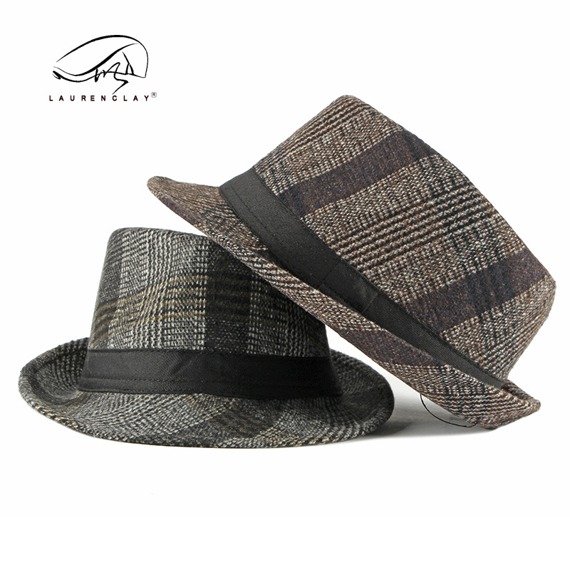 Otoño e Invierno nuevo británico retro Plaid Top Hat hombres de mediana edad y ancianos de lana Caballero sombrero Jazz sombrero al por mayor