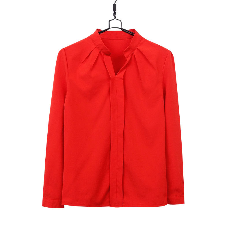 韩版纯色薄款长袖  春秋新款女式衬衫  打底宽松显瘦红色女雪纺衫