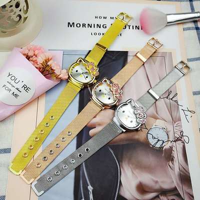 hello kitty kt猫头凯蒂猫镶钻儿童卡通钢带手表可爱女孩卡通手表