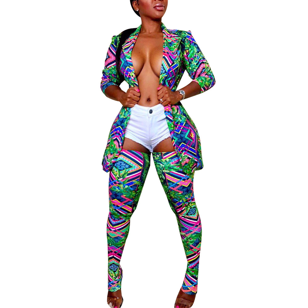 Printed Lapel Jacket & Slim Tights Leggings 2-piece Set NSWNY90720