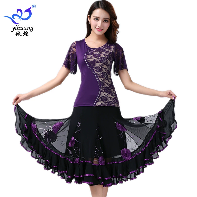 Квадратный танцевальный костюм Костюм для выступлений Танцевальный костюм с короткими рукавами с роговыми рукавами Большой качели Платье костюм для бальных танцев Соревнование Костюм для выступлений