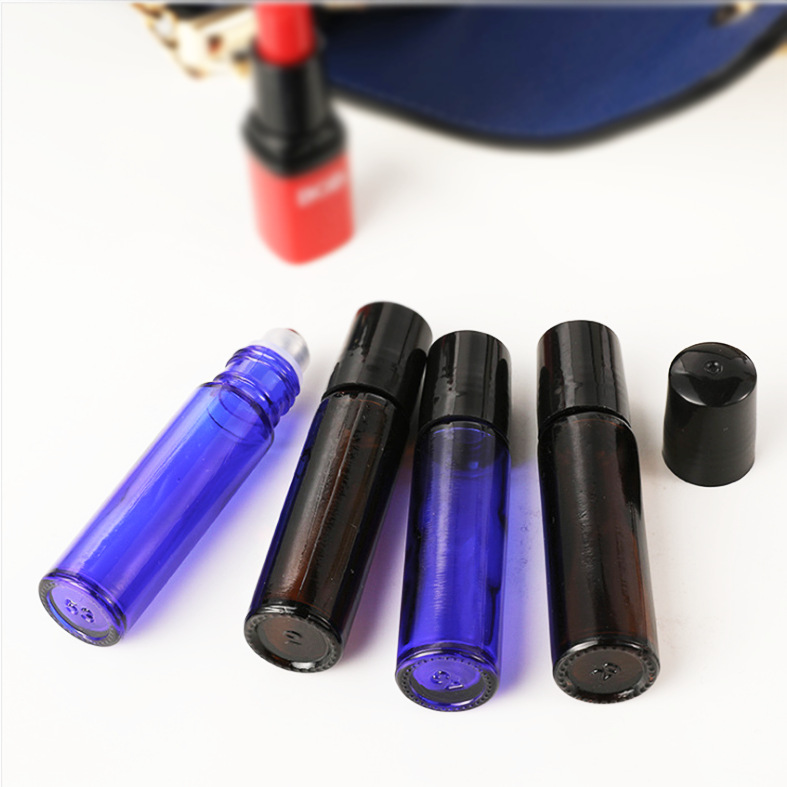 10ml botella de bola de rodillo botella de aceite esencial de vidrio bola de acero inoxidable botella de aceite esencial marrón azul botella de fondo grueso de pared gruesa en stock