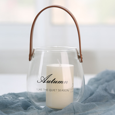 創意皮革提手玻璃花瓶北歐水培植物花器幹花工藝創意家居擺件