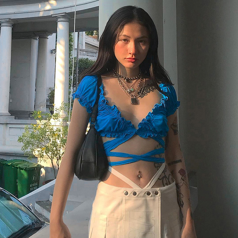 Deep V-Neck Ruffle Trim Crop Top
