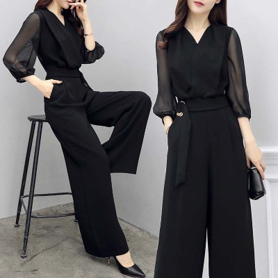 Summer High-waist Chiffon Dresses Broad-legged Pants Suit  