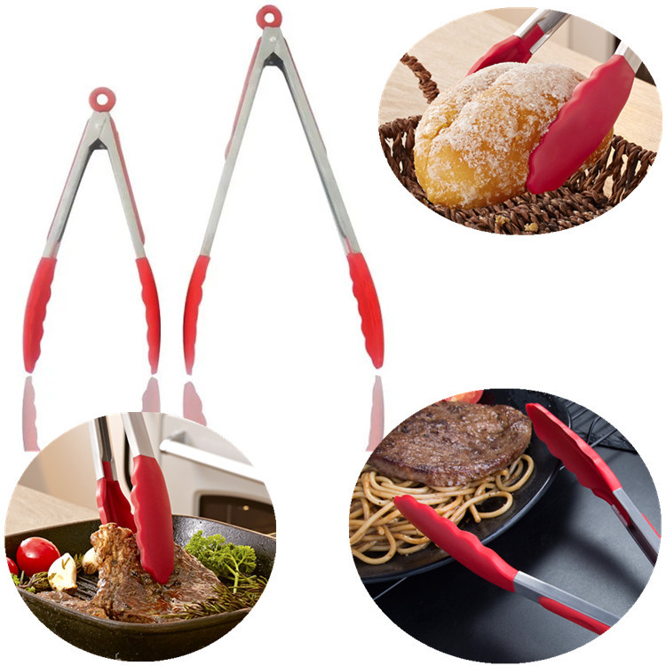 工厂现货直供不锈钢硅胶食品夹面包夹烧烤夹牛排夹食物夹子9寸
