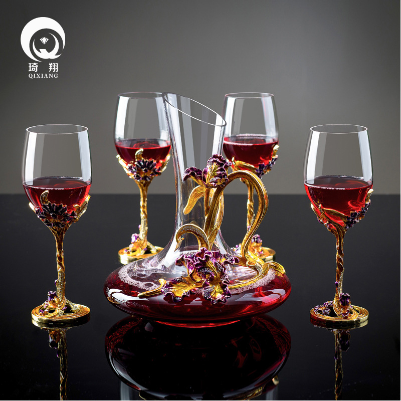 珐琅彩金鸢尾水晶红酒快速醒酒器套装红酒酒具创意红酒倒酒醒酒器