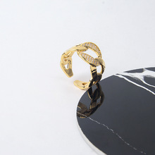 设计师新款链条戒指欧美跨境饰品镂空镶钻开口戒指外贸亚马逊手饰