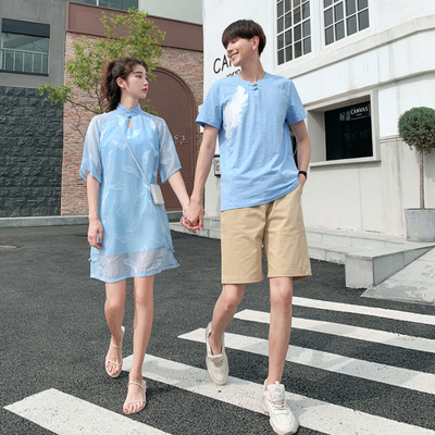 中国风情侣装夏装新款韩版仙鹤中长款A字连衣裙女百搭短袖唐装T恤|ru