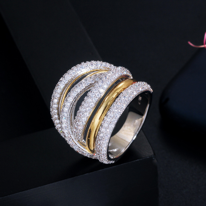 Copper Material Geometric Pattern Casual Geometric Copper Plating Inlay Zircon Wide Band Ring