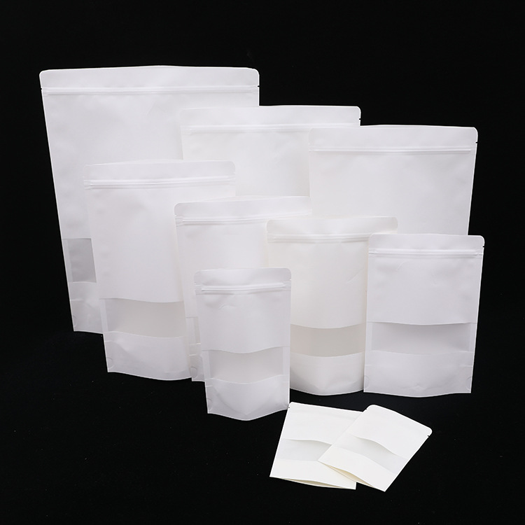 食品包装白牛皮纸袋白磨砂开窗自立自封袋茶叶袋现货牛皮纸拉链袋