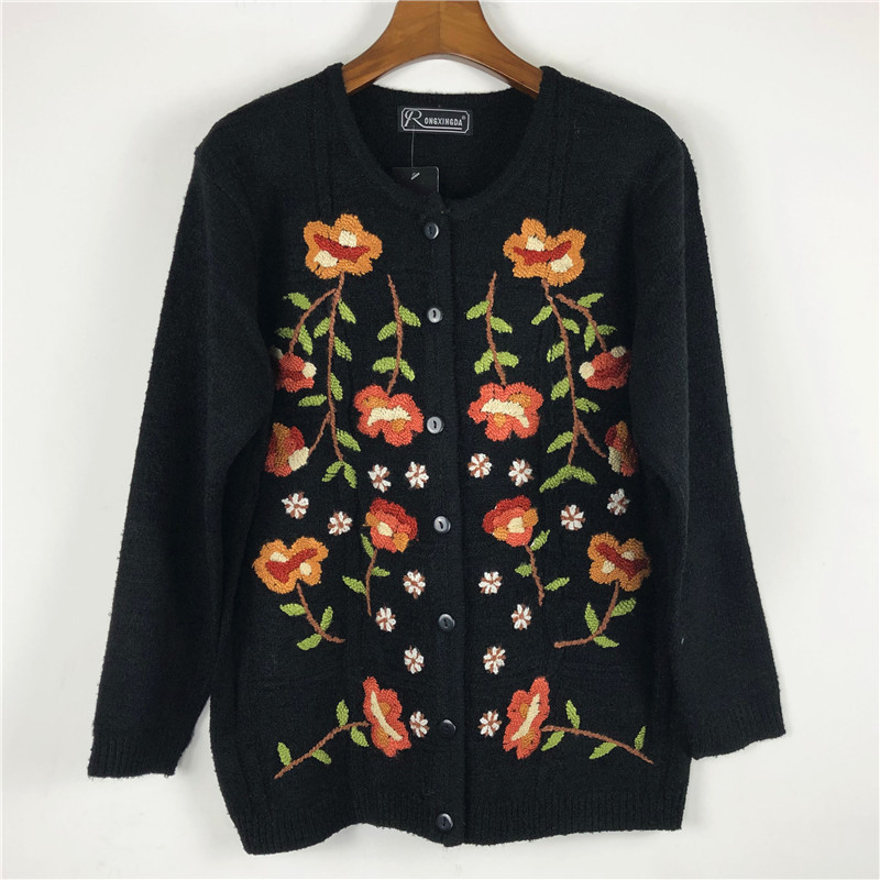 跨境复古古着风重工手工刺绣圆领女装羊毛毛衣宽松长袖黑色开衫