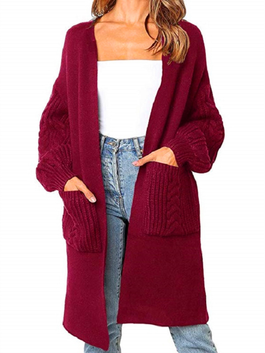 otoño e invierno nuevo color sólido con cuello en V twist linterna manga de punto cardigan chaqueta suéter NSYF1112