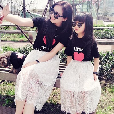 2019母女夏装新款女童爱心T恤纱裙两件套亲子装夏款套装一件代发|ms