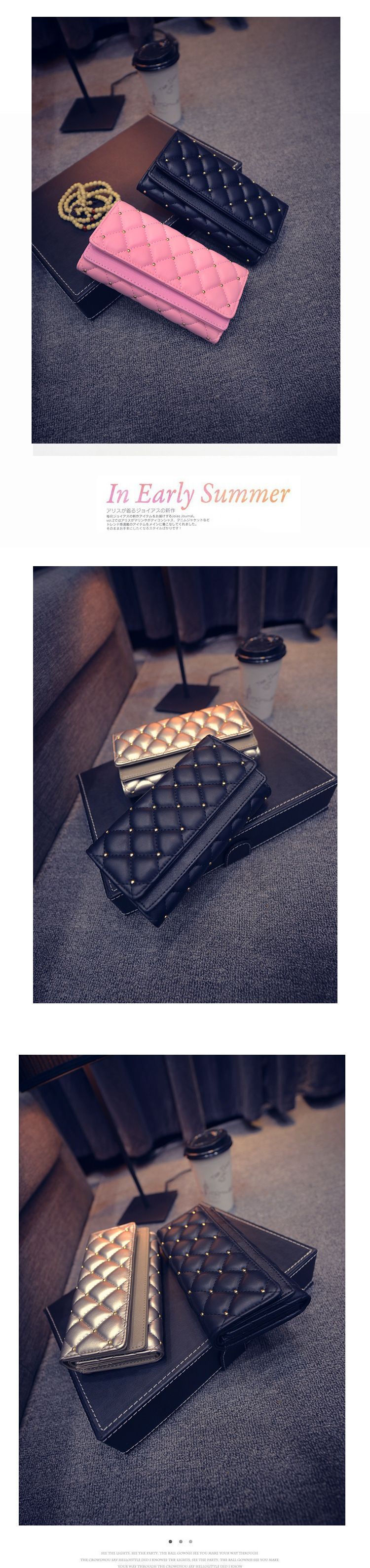 195g Weight Polyester Lining Material Magnetic Buckle Closure Type Pu Leather Material Solid Color Pattern Women'S Gender Fashion Style Square Shape Pink, Champagne, Black Color Korean  Diamond Tri-fold Large-capacity Wallet Wholesale 12