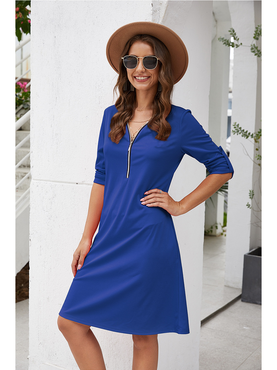 V-neck zipper loose mid-length dress  NSAL14187