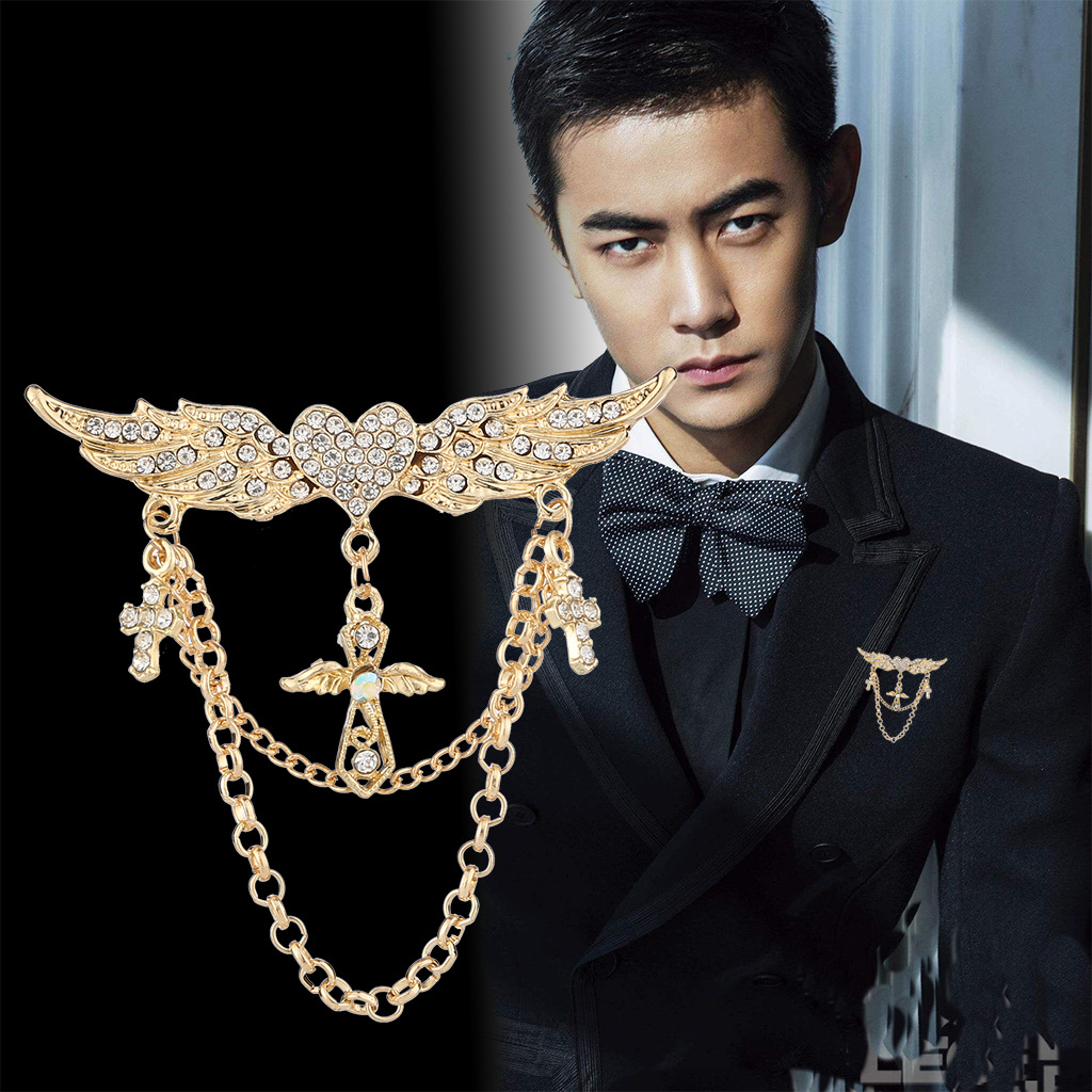 Fashion men's suit brooch love wings tas...