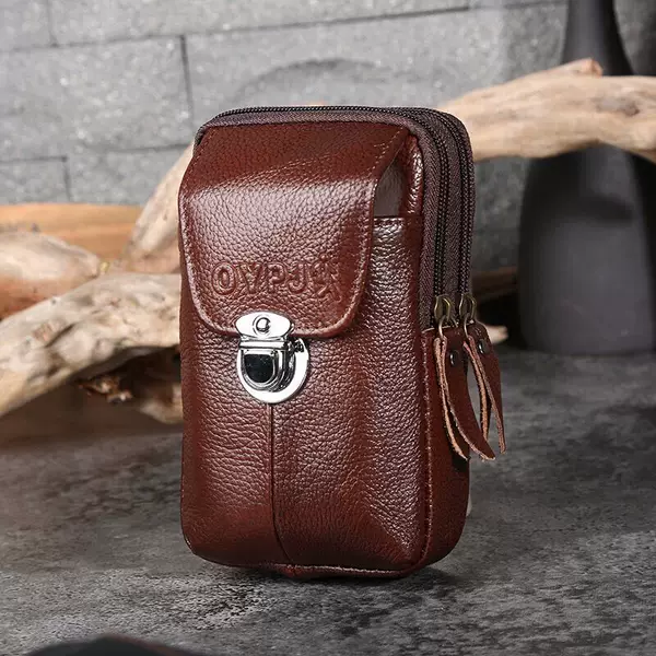 New multi-functional leather lock three-layer waist bag cowhide mobile phone waist bag men wear belt vertical mobile phone bag wholesale