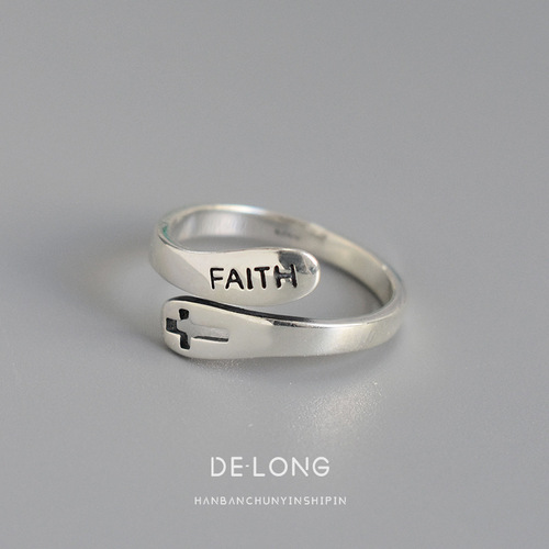 s925 sterling silver ring retro old FAITH faith cross ring personalized female silver ring ins Korean version jewelry
