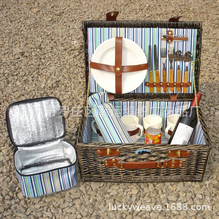 Пикниковая корзина Lucky Weaving, ивовая для 2 человек с полным набором посуды, 48×22×34 см