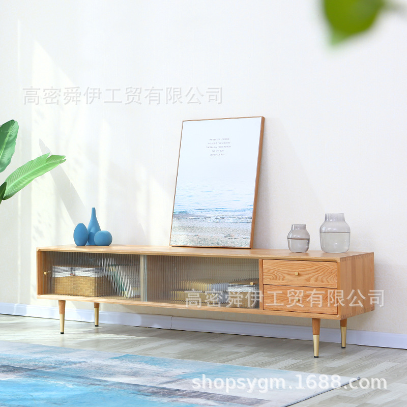 高密厂家直销北欧实木电视柜白橡木推拉门视听柜组合日式客厅家具|ms