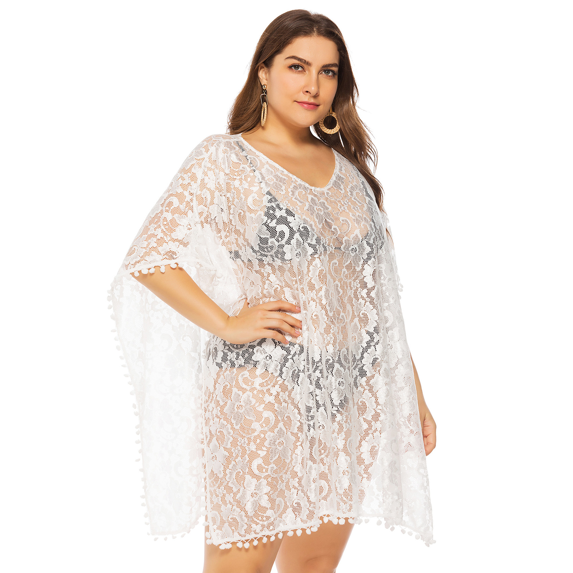 plus size stitching white V-neck lace blouse NSOY45968