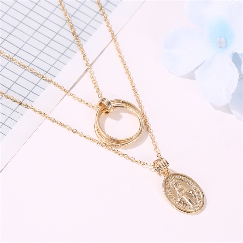 Nouveau Cercle Feuille Pendentif Collier Double Géométrique Jésus Collier En Métal Anneau Pendentif Bijoux En Gros Nihaojewelry display picture 4