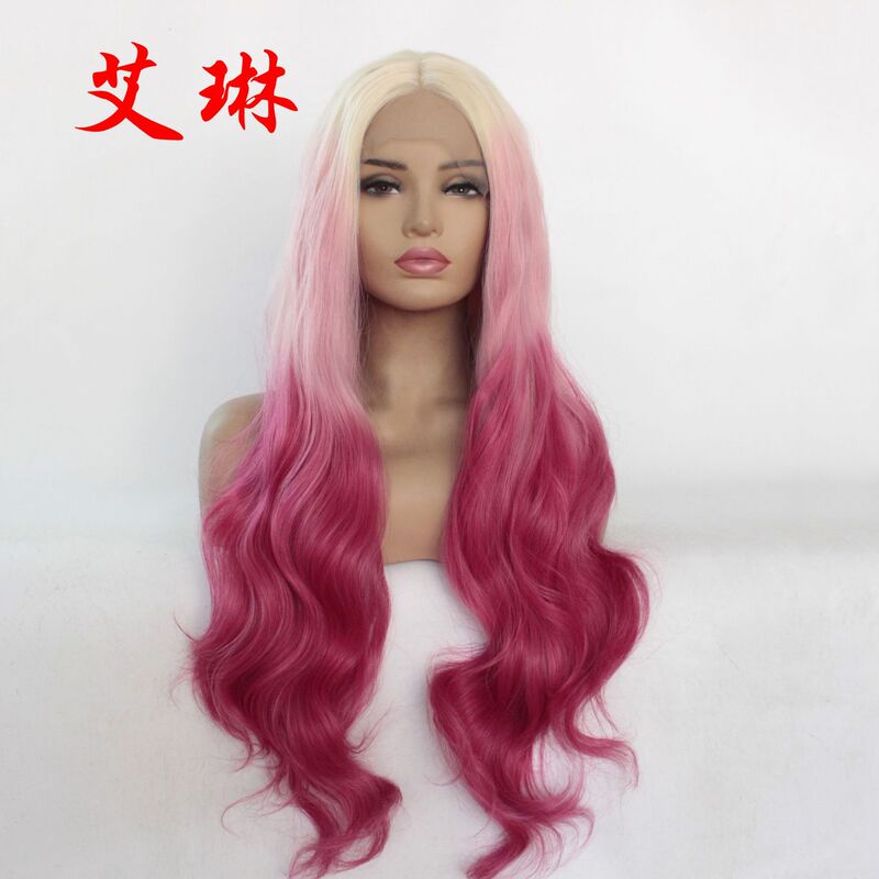 European and American women's colorful multi-color long curly hair wig gradient three-color large wave half hand-woven front lace chemical fiber head cover