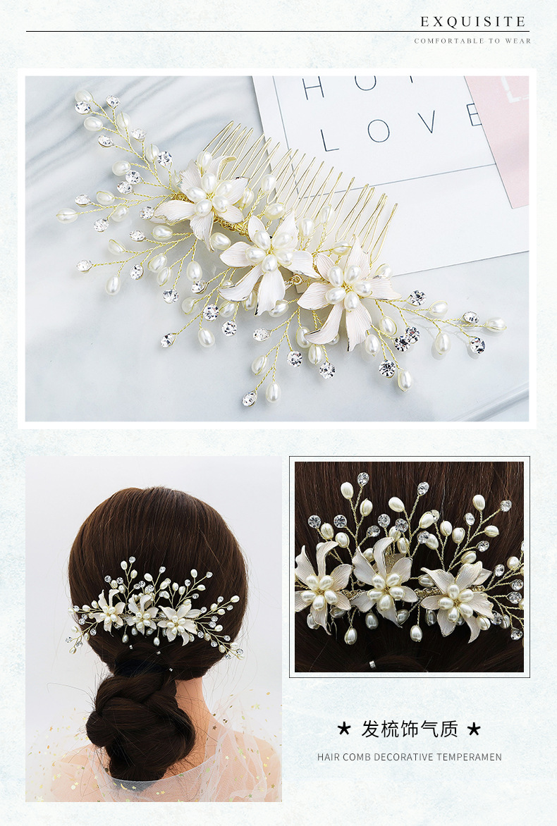 Bridal Jewelry Beautiful Alloy Flowers Inserted Comb Handmade Pearl Hair Comb Dress Headdress display picture 3