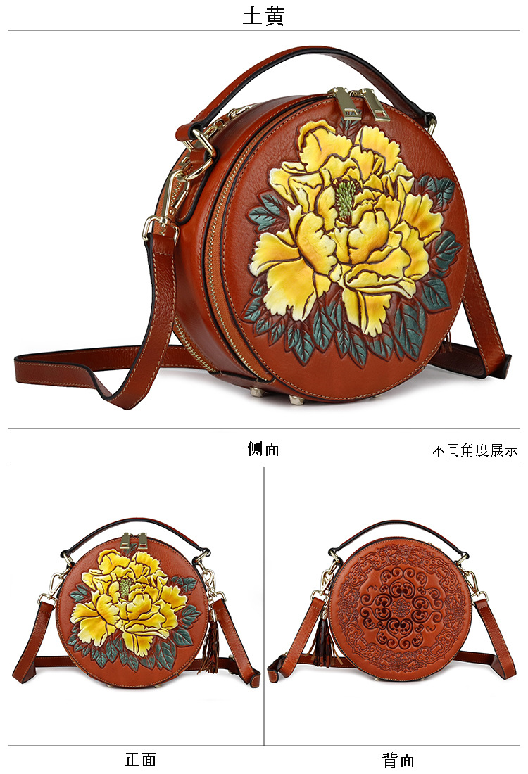 Genuine Leather Embossed Ladies Handbag Round Bucket Bag Tassel Small Round Bag display picture 1