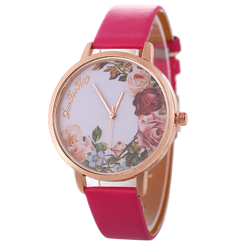 Moda simple rosa flor correa reloj dulce estilo PU correa de cuero fino reloj de cuarzo para mujerpicture4