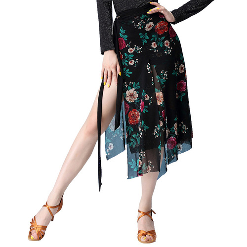 flowers Latin dance skirts for women girls sexy uniforms training net yarn salsa belly chacha wrap hip scarf print gown adult female