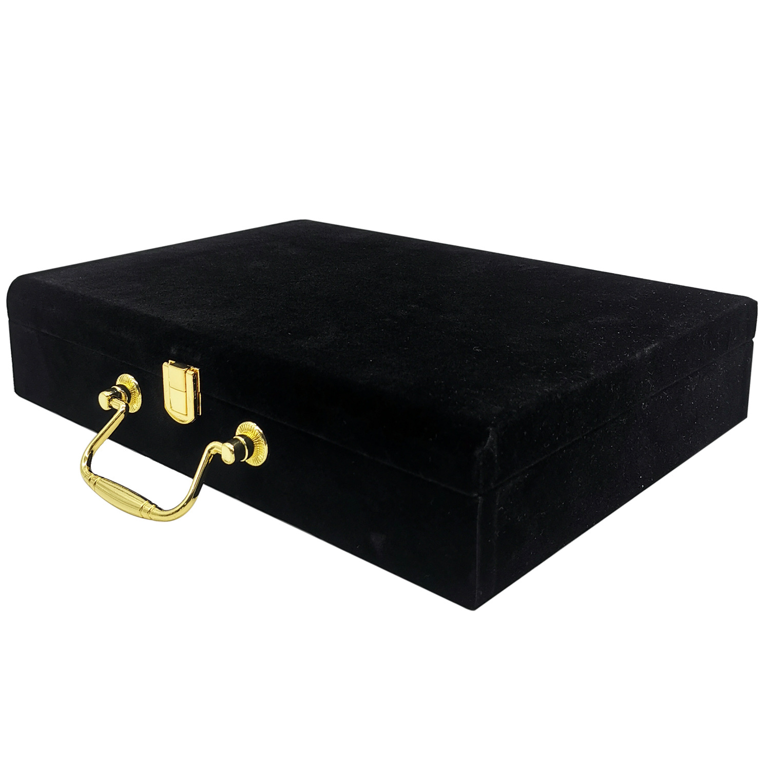 黑色裱绒通用翻盖礼品盒硬厚中纤板商务送礼包装盒配五金提手锁扣