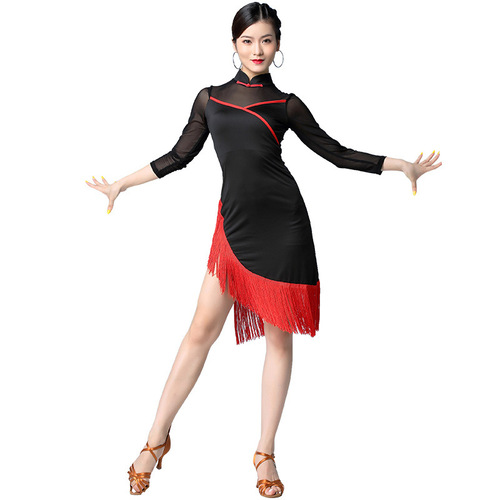 Women young girls black red floral Latin dance ballroom dance mesh  fringed dress cheongsam practice latin dance clothes latin performance dress for woman