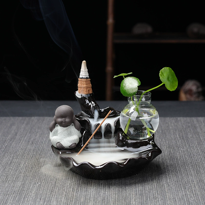 ceramic backflow incense burner (zisha) with xiao monk, flowing water design, home & office