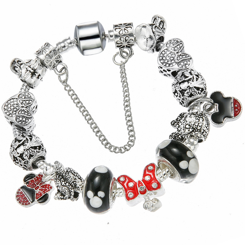 Charm Mickey Bracelet Black Glazed Beads Donald Duck Safety Chain Crystal Beaded DIY Bracelet for Girls
