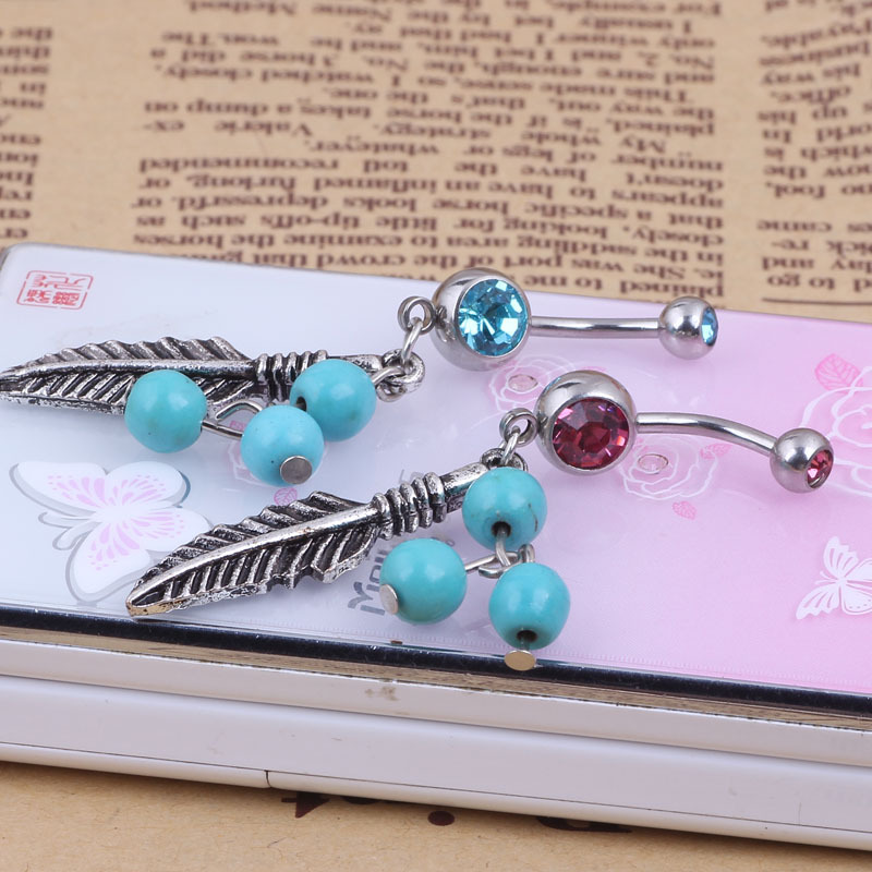 Leaf Turquoise Navel Ring 316L Surgical Steel Belly Button Jewelry Dangle Leaf Shape Blue Stone detail image 7
