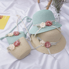 新款女童2-7歲草帽旅游防曬太陽帽子花朵兒童遮陽帽+小包包套裝