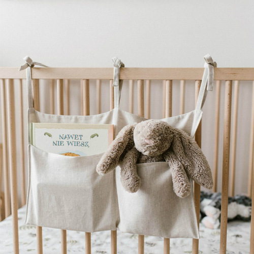 Infant bed storage pouch, linen double-grid storage pouch, multi-functional diaper bag, burp cloth storage bag, teething toy storage bag
