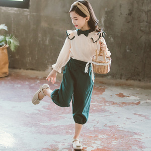 时尚女童秋季哈伦裤喇叭袖上衣两件套2020新款中大童时髦潮款套装