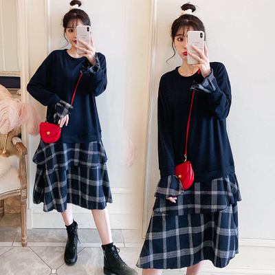 2019秋冬新款大碼女裝胖mm韓版寬松中長款假兩件格子拼接連衣裙女