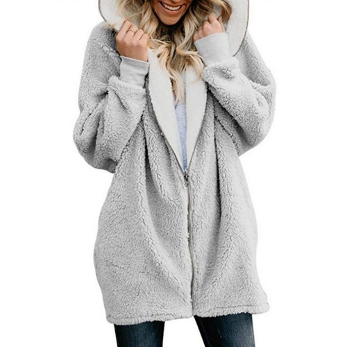 Cross-border European and American lambswool hooded mid-length sweatshirt for women 2022 autumn and winter new plush plush jacket for women