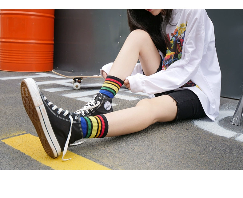 over the knee socks Winter Women's Socks Cotton Rainbow Stripes Socks Christmas Fashion Warm Christmas Casual Tide Socks harajuku korean black ankle socks