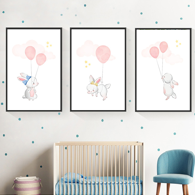 现代卡通粉色气球动物兔子长颈鹿北欧风无框画芯房间装饰艺术挂画