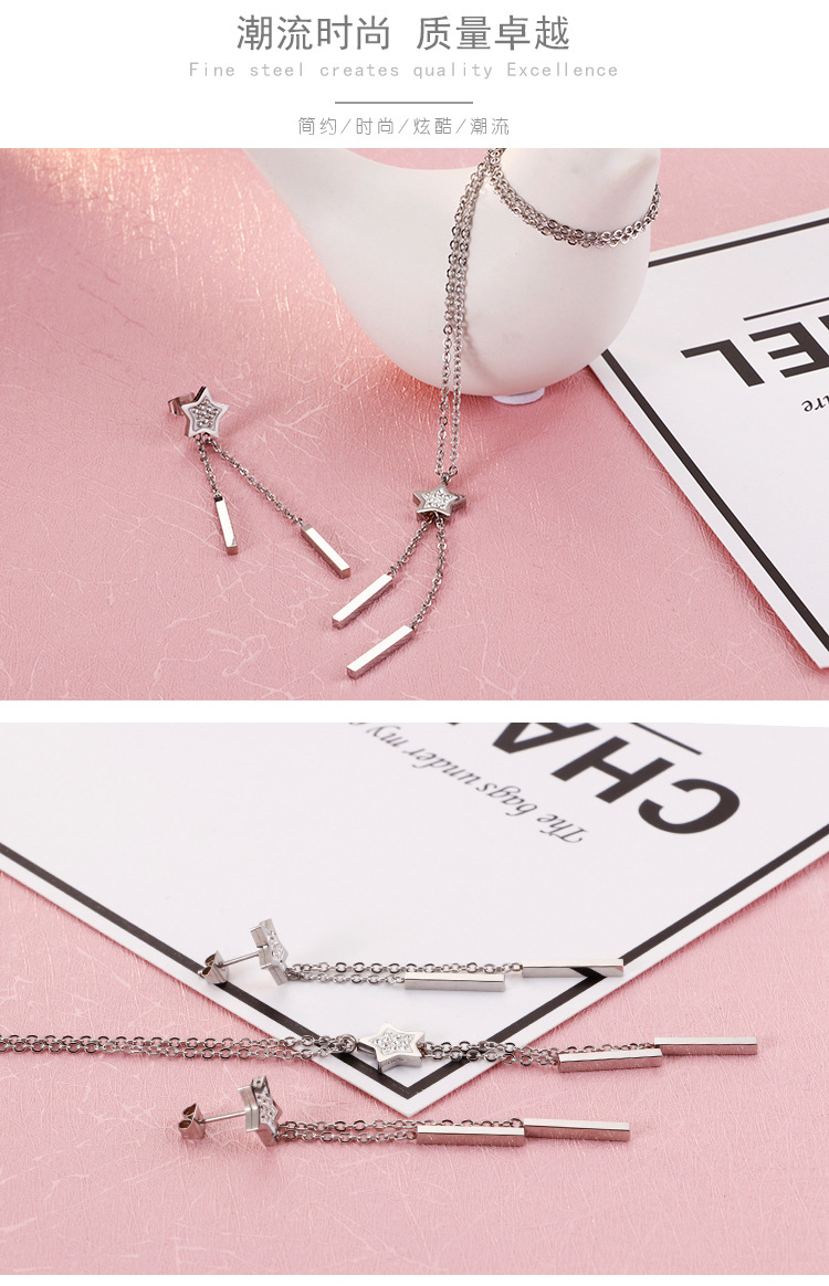 fashion long star titanium steel diamond earring necklace set wholesale Nihaojewelry