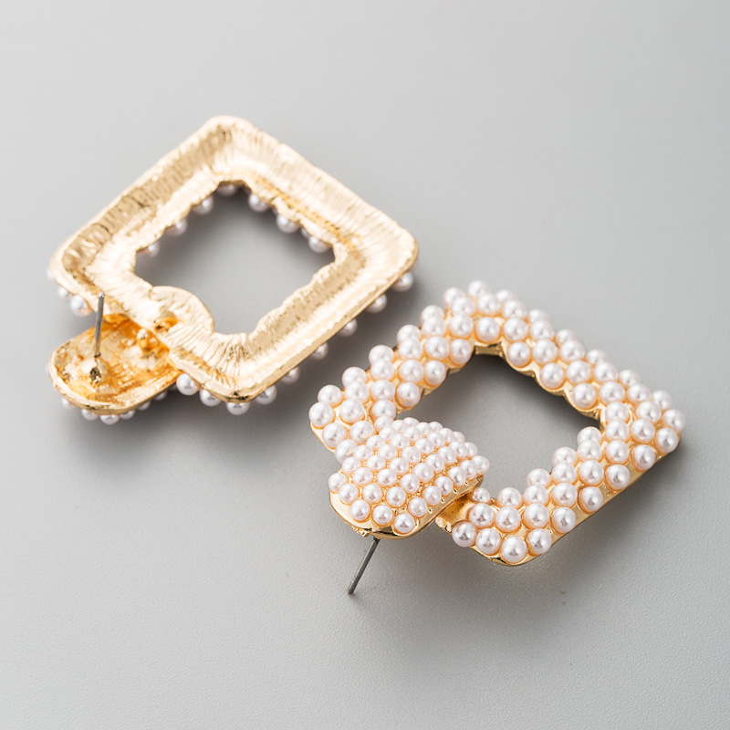 Fashion Earrings Earrings Female Wild Full Of Small Pearl Square Hollow Earrings Exaggerated display picture 4