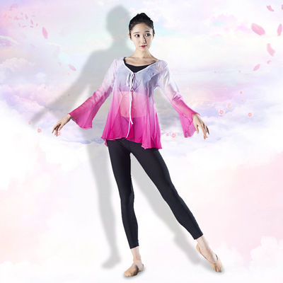 天丝系带开衫上衣渐变色薄纱成人纱衣民族舞教师演出服半透明纱衣|ms